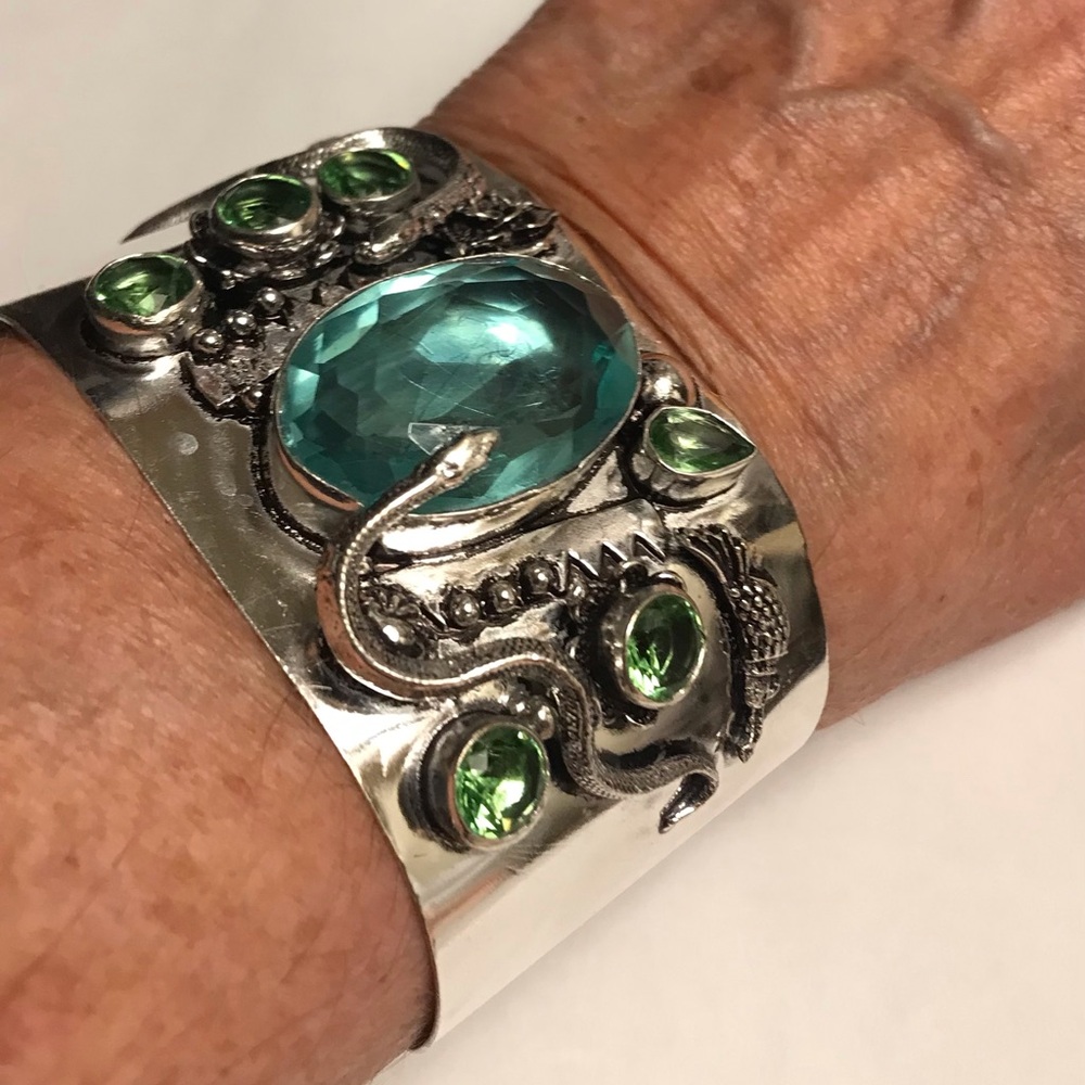 Green Amethyst Peridot Stamped Solid 925 Sterling Silver Cuff Bracelet
